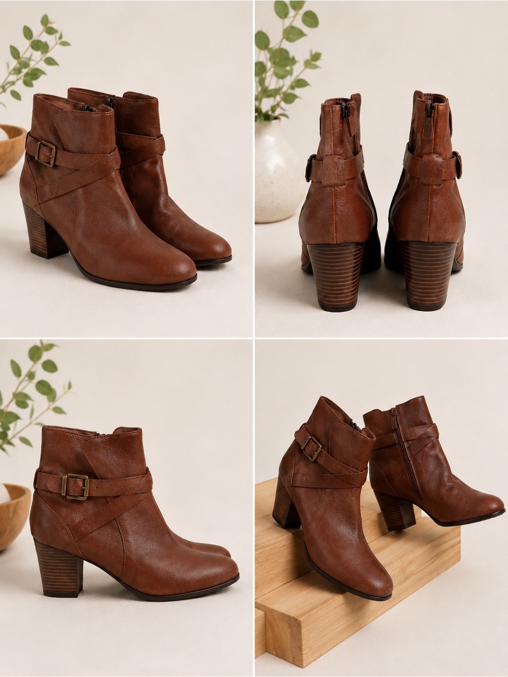 Cole Haan Brown Leather Ankle Booties Size 11B Block Heel Buckle Strap side zip